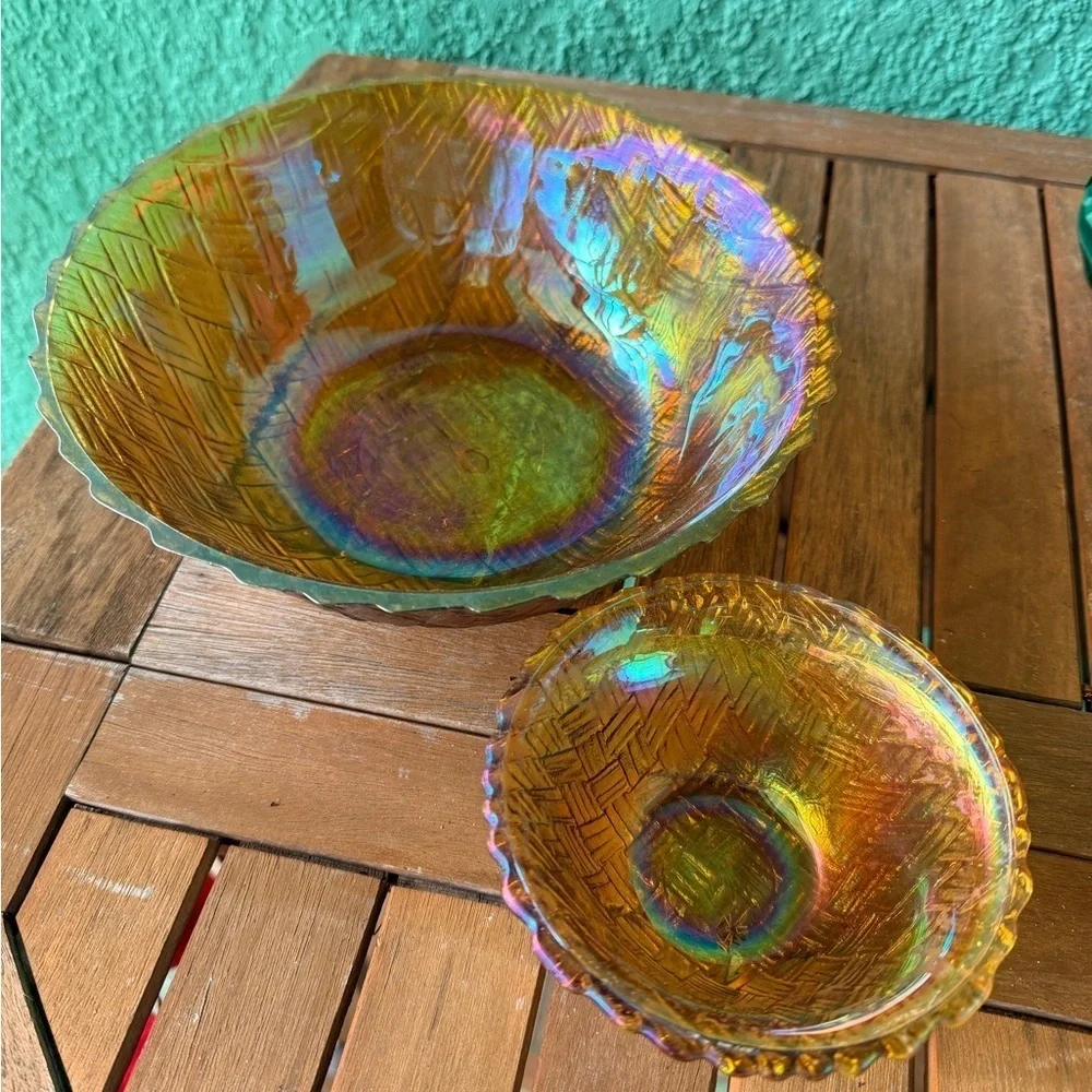 New Vintage Indiana Glass Co. Iridescent Gold Tone Glass 3-Piece Chip & Dip Set